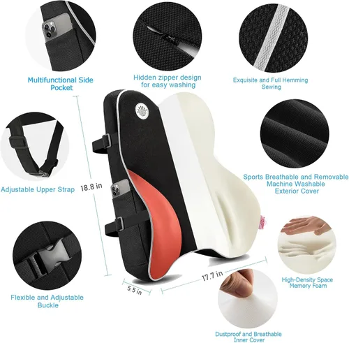 Vista 10 de Almohada de apoyo lumbar para silla de oficina, respaldo de espuma viscoelástica para silla, asiento de automóvil, silla de computadora, sillón