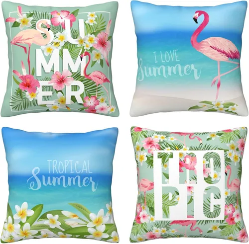 Vista 11 de Juego de 4 fundas de almohada de flamencos tropicales y flores rosadas, 18 x 18 pulgadas, diseño de peonías florales de mariposa, fundas de almohada