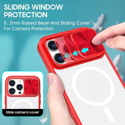 Vista 4 de Funda transparente para iPhone 15 Pro Max con cubierta para lente de cámara deslizante, compatible con MagSafe, antideslizante, delgada, magnética