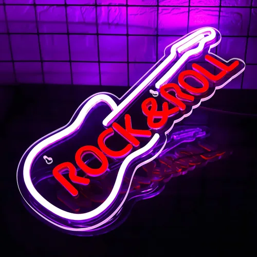Vista 2 de Letrero de neón de guitarra para decoración de pared, luces de neón de música en vivo para estudio de música, letrero de guitarra LED Rock and Roll