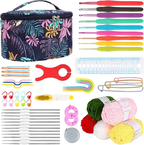 Vista 6 de Aeelike Kit de ganchillo con bolsa para viajes, kit fácil de aprender a ganchillo para principiantes de todas las edades, el kit de inicio