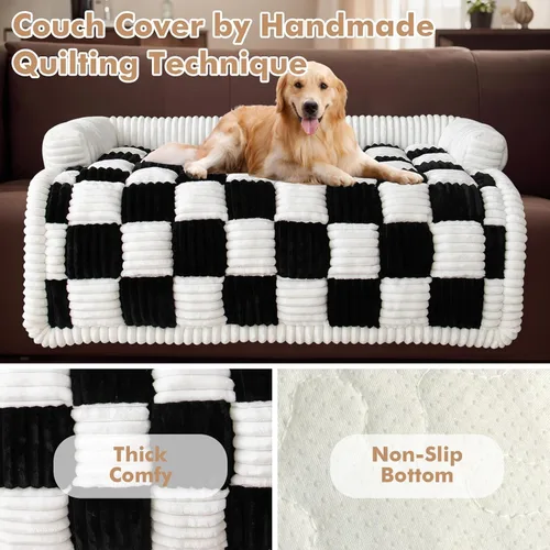 Vista 4 de LiveGo Fundas mullidas para sofá para mascotas, funda de sofá mullida, funda de sofá mullida color crema, cuadrada, a cuadros, alfombra de felpa