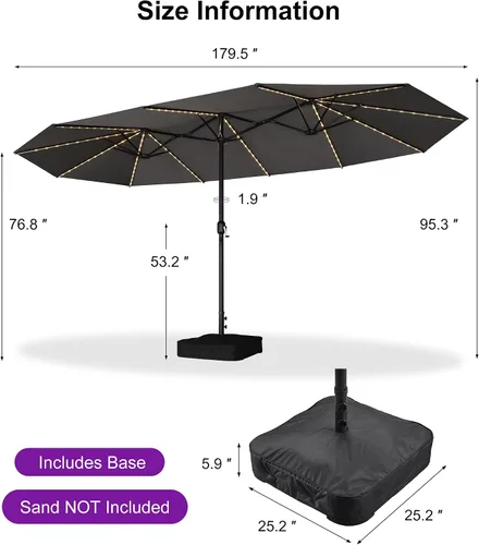 Vista 46 de PURPLE LEAF - Sombrilla de mercado de patio de 13 pies con base rectangular doble cara, sombrilla de mesa para exteriores con manivela, 12 varillas
