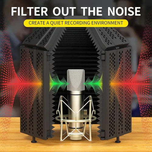 Vista 5 de XTUGA Protector para Aislamiento de Micrófono de Grabación, Espuma Absorbente de Alta Densidad de 3 Paneles para Filtrar Vocales, Cubierta