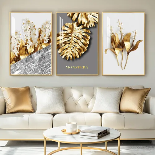 Vista 46 de Arte de pared moderno enmarcado en blanco y negro, 3 piezas de impresiones contemporáneas grandes para paredes, juego de 3 imágenes de hojas doradas