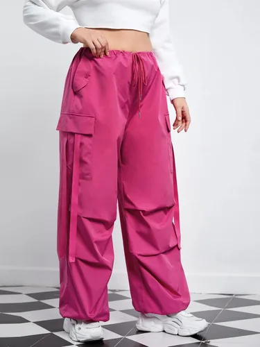 Vista 3 de Floerns Pantalones cargo holgados de paracaídas de tiro alto con cordón y bolsillo con solapa para mujer
