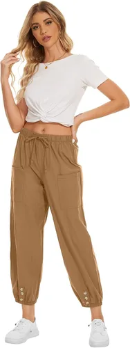Vista 7 de Pantalones capri casuales para mujer, holgados, suaves, con cordón, pantalones de entrenamiento con bolsillos, pantalones casuales para descansar