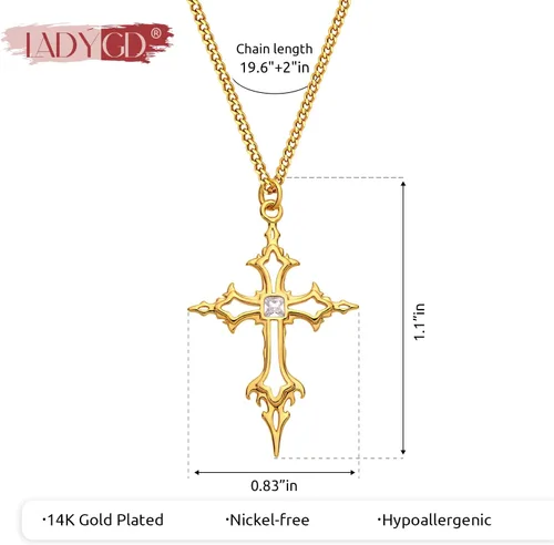 Vista 6 de Collar de cruz para mujer, chapado en oro de 14 quilates, circonita cúbica, collar con colgante de cruz, joyería cristiana, regalos para mujeres