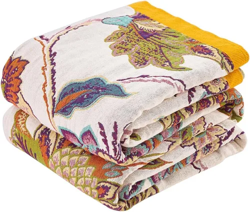 Vista 4 de Manta bohemia de muselina de algodón tejida con flores decorativas de 50 x A-verde