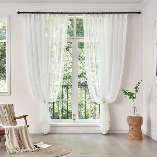 Vista 2 de Cortinas de lino plisadas color blanco hueso de 94 pulgadas, 2 paneles