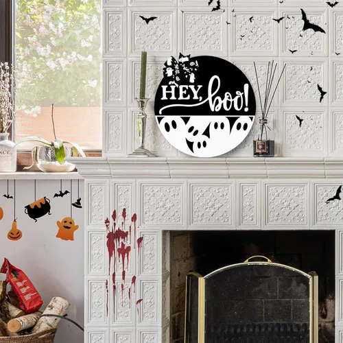 Vista 6 de Letrero de Puerta de Halloween Decoración de Fantasma - Hey Boo Decoración de Pared Espeluznante - Decoraciones Colgantes de Puerta Delantera