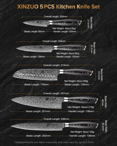 Vista 6 de XINZUO Cuchillo de cocina de 5 piezas, juego de cuchillos de chef profesional de acero de Damasco súper afilado con mango de madera de Pakkawood