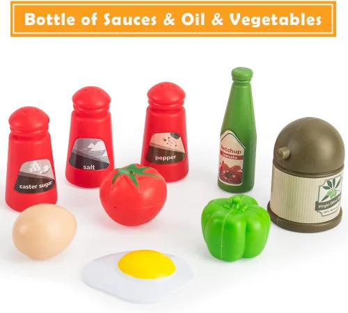 Vista 4 de Bruvoalon Juego de 32 juguetes de cocina para niños, accesorios de cocina con ollas, sartenes, utensilios de cocina, alimentos, verduras enlatadas
