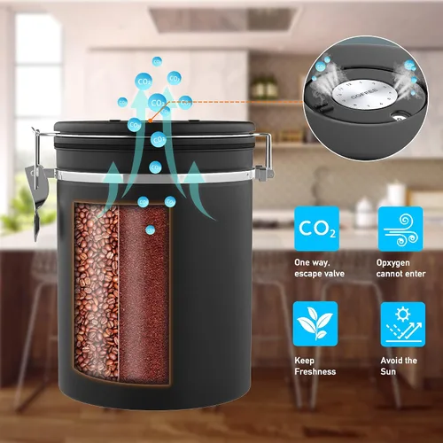 Vista 5 de Recipiente de café para café molido con Scoop Date Tracker, válvula de CO2 unidireccional, acero inoxidable 304, recipiente hermético