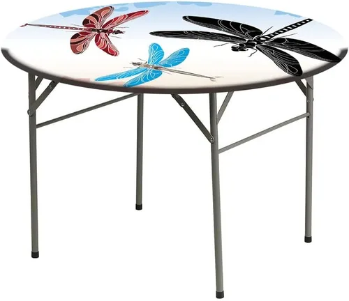 Vista 3 de Mantel redondo de vinilo ajustable, mantel de poliéster con estampado de libélula, libélulas exóticas volando en cielo nube, se ajusta a mesas