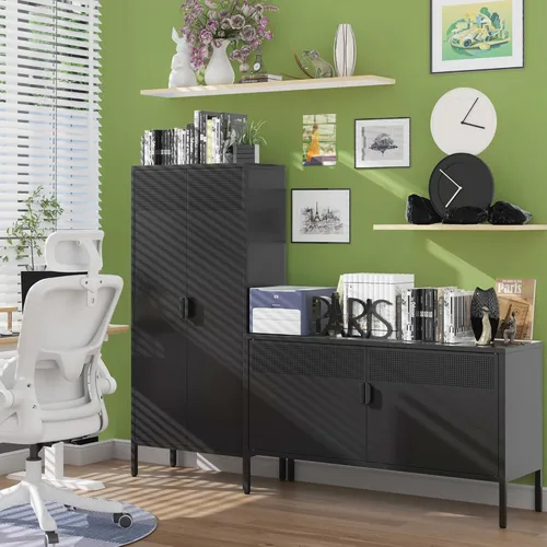 Vista 69 de Gabinete de almacenamiento de metal ancho negro, gabinete de acento de 2 puertas para el hogar y la oficina, gabinete de metal bajo de 2 niveles