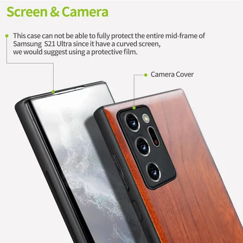 Vista 3 de Carveit Funda de madera para Galaxy Note20 Ultra [madera real dura y TPU suave negro] funda protectora única y elegante de madera compatible