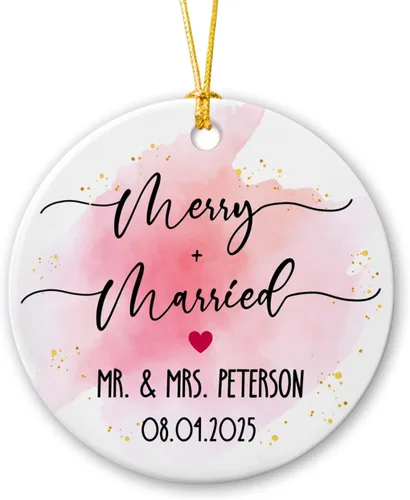 Vista 19 de Adorno personalizado de Navidad, aniversario de boda, aniversario de 2025, adornos de cerámica de Navidad para parejas, esposo, esposa, adorno