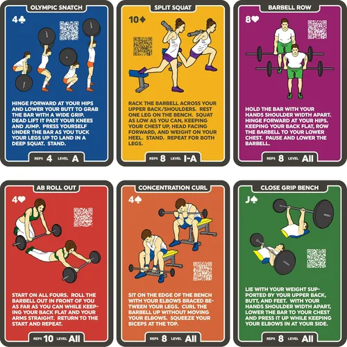 Vista 6 de Stack 52 Tarjetas de ejercicio con barra. Juego de cartas de levantamiento de pesas. Instrucciones en video incluidas. Culturismo, entrenamiento