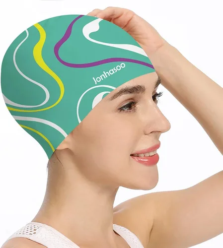 Vista 9 de Gorro de natación de silicona para mujer, gorras de natación impermeables de pelo largo con rayas de color impresas