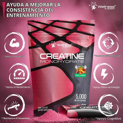 Vista 4 de Monohidrato de creatina en polvo 10.58 oz, bolsitas de ponche de frutas, 60