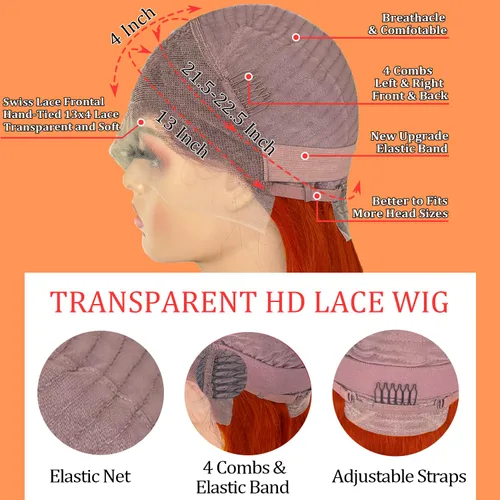 Vista 4 de PANDA ANGEL Peluca de encaje frontal de jengibre de cabello humano 13x4 lacio, naranja jengibre, frontal de encaje HD transparente sin pegamento