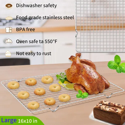 Vista 2 de UOUYOO Rejilla de enfriamiento para hornear, juego de 2 unidades de acero inoxidable, 16 x 10 pulgadas, para horno, rejilla segura para horno, asar