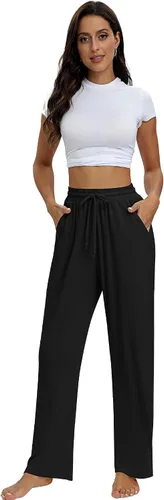 Vista 7 de Neer Paquete de 3 pantalones de yoga para mujer con bolsillos, cintura alta, cómodos, con cordón, pantalones deportivos sueltos de pierna ancha