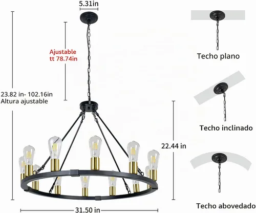 Vista 4 de Candelabro de rueda de carro de 31.5 pulgadas, 12 luces, color negro y dorado, lámpara de granja, lámpara rústica de comedor, iluminación colgante