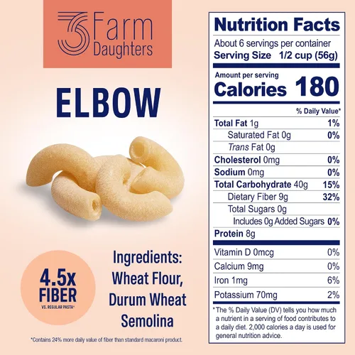 Vista 2 de Three Farm Daughters High Fiber Elbow Macaroni Pasta Pack, Low GI, Non GMO Elbow Pasta Noodles, Low Net Carb, Made in the USA, 12 oz. (2 Pack)