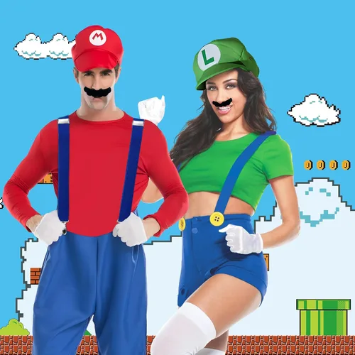 Vista 6 de oUUoNNo Juego de 2 disfraces de Halloween de Super Bros para parejas, tirantes de cosplay, sombrero, botones, guantes para bigote para niños