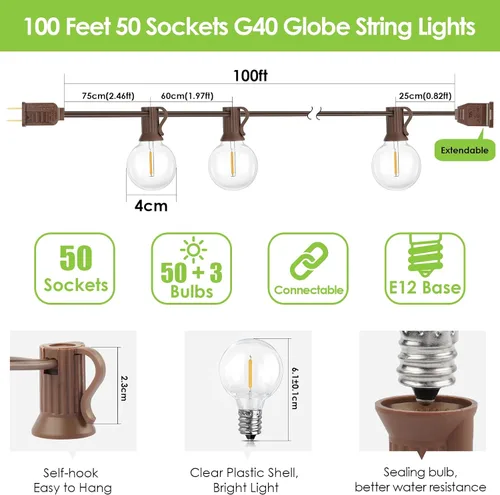 Vista 3 de Mlambert Luces de Cadena LED para Exteriores de 100 Pies, Luces Regulables para Patio Globo G40 con 50+3 Bombillas Impermeables Inastillables