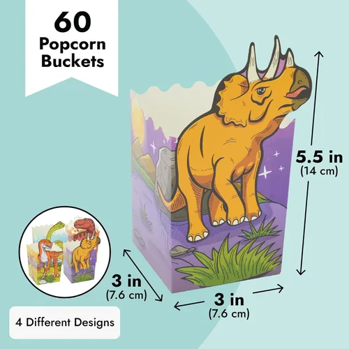 Vista 3 de BLUE PANDA Cajas de palomitas de maíz de dinosaurio, paquete de 60, multicolor, 4 diseños, cajas de palomitas de maíz a granel para suministros