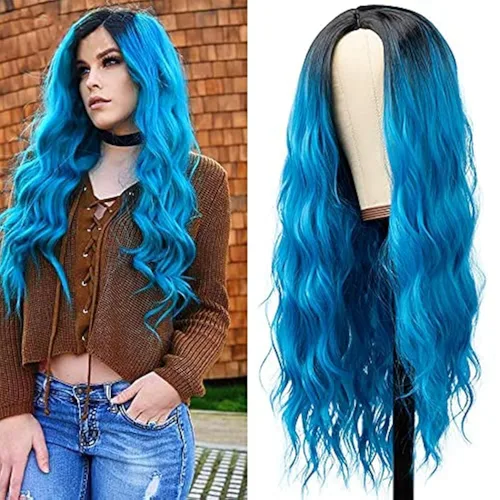 Vista 16 de Kaneles Peluca rizada de color rojo degradado, pelucas de cabello largo ondulado para mujer, pelucas de fibra sintética negra y roja para fiesta