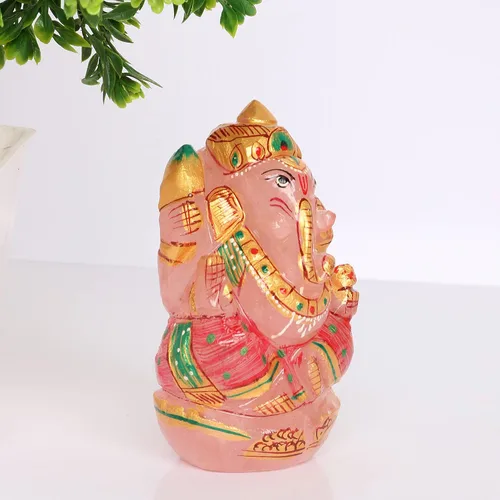 Vista 3 de REAL-GEMS Estatua de escultura de ídolo de Lord Ganesha de cuarzo rosa, tallada a mano, decorativa, curativa, Reiki, figuras de piedras preciosas