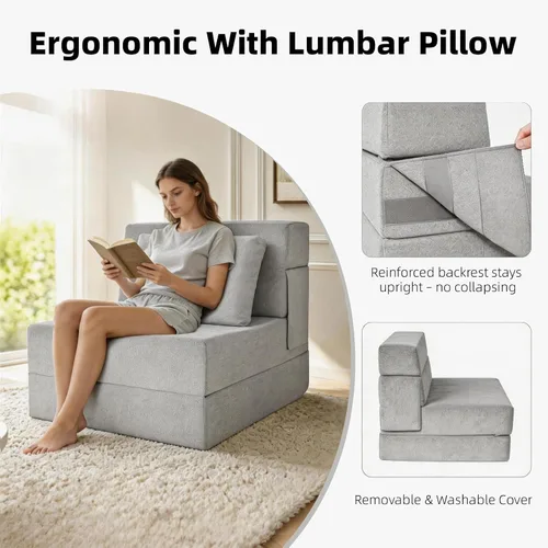 Vista 5 de Sofá cama plegable, silla convertible con almohada Gris claro