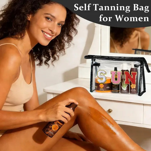 Vista 6 de COSHAYSOO Bolsa de Maquillaje Transparente con Protección Solar, Bolsa de Protector Solar con Parches de Letras, Accesorios Esenciales de Playa