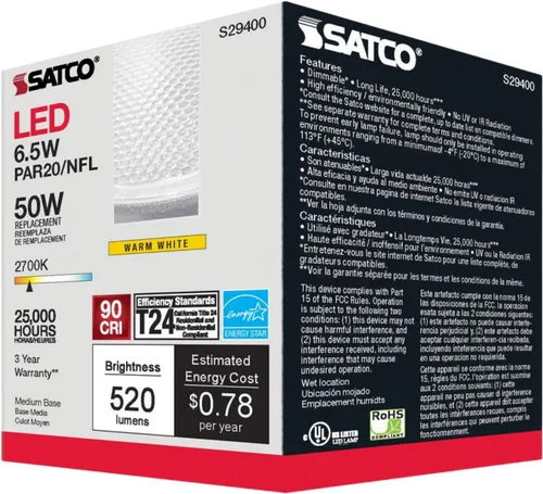 Vista 5 de Satco Bombilla LED de estado sólido S9400, plata, 7 vatios, voltaje 120, 525 lúmenes iniciales, forma de lámpara PAR20, base media, base ANSI E26