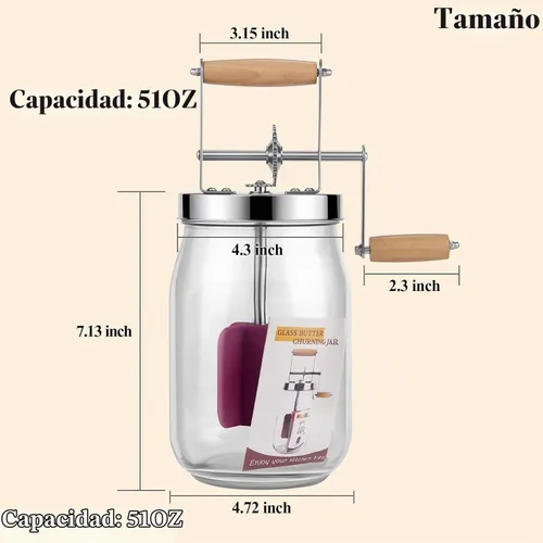 Vista 3 de Butter Churn - Batido de madera con mango de madera para hacer mantequilla manual, batidora de mantequilla, tarro masón de manivela de mano