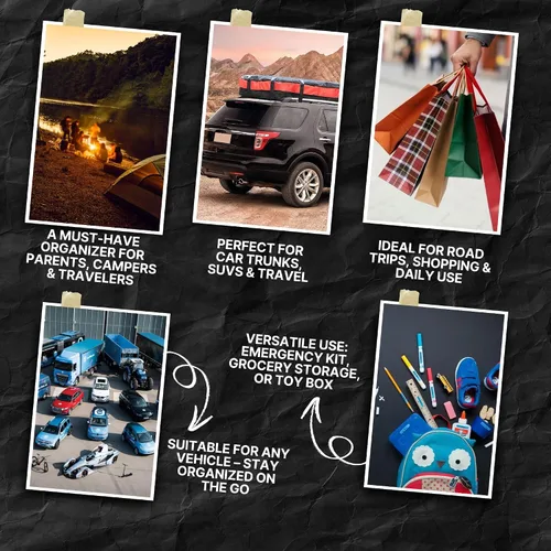 Vista 5 de Organizador de maletero de cuero con tapa para SUV y más, organizador de coche plegable, organizadores de coche y almacenamiento con bolsillos
