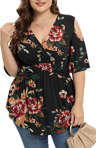 Vista 2 de TIANZHU Camisetas de talla grande para mujer, sexy, con cintura imperio, camisas de manga corta con detalle de hombros descubiertos