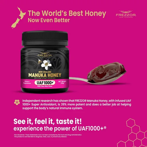 Vista 7 de FREZZOR Miel de Manuka cruda prémium de Nueva Zelanda con UAF1000+ Perfect Daily Wellness Ritual, Superfood, 4 frascos (8.8 oz/250 g por frasco)