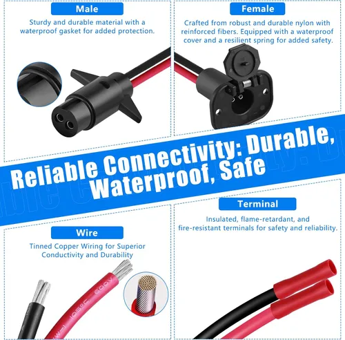 Vista 4 de Juego de enchufe y receptáculo de motor de arrastre de 12 V, calibre 8, 2 cables, impermeable, de conexión rápida, conector de motor de arrastre