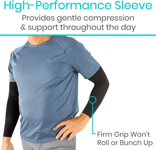 Vista 6 de Vive Manga de compresión para el brazo, soporte de codo con protección UV, envoltura refrescante para el dolor, deportes negros aptos para pesca