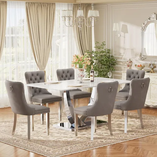 Vista 54 de Juego de mesa de comedor de cristal moderno de mediados de siglo para 4, 63 pulgadas, juego de comedor rectangular grande de lujo con parte superior
