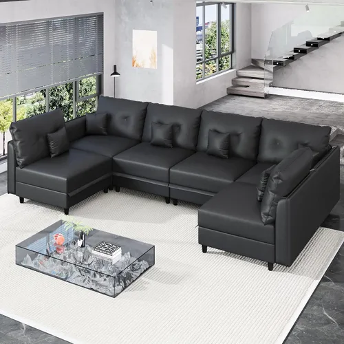 Vista 27 de LLappuil Sofá cama modular en forma de U de 6 plazas con almacenamiento, asiento profundo de piel sintética para sala de estar, impermeable y Negro