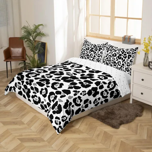 Vista 3 de Juego de funda de edredón con estampado de leopardo abstracto, tamaño individual, juegos de ropa de cama de piel de guepardo negro y gris