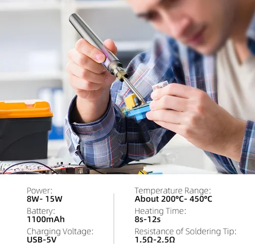 Vista 2 de SEQURE P15 Kit de soldador inalámbrico, soldador portátil USB de 5 V 15 W con batería recargable de 1100 mAh, bolígrafo de soldadura eléctrica con 3