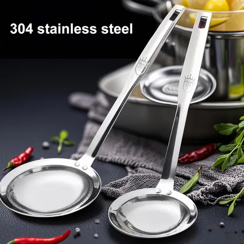 Vista 2 de Colador de tamiz de acero inoxidable de malla fina (paquete de 2, grande y pequeño), colador de malla para aceite de cocina, cuchara espumadora