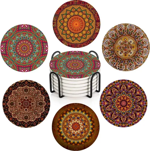 Vista 10 de Britimes Juego de portavasos de mesa para bebidas de 6 piezas, lindo diseño vintage musical retro geométrico absorbente de café redondo de cerámica